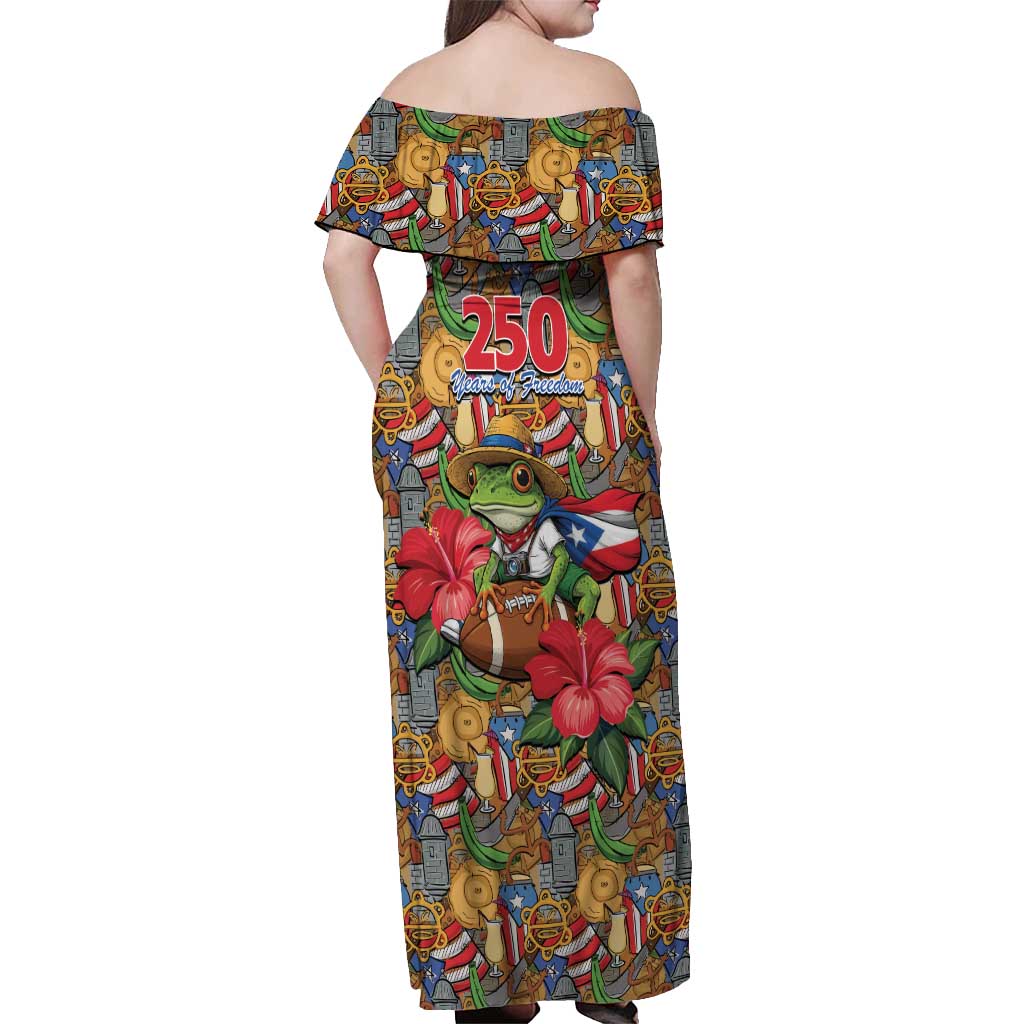 Patriotic Coqui Frog Football Off Shoulder Maxi Dress 250 Years of Freedom Puerto Rico Flag Stand