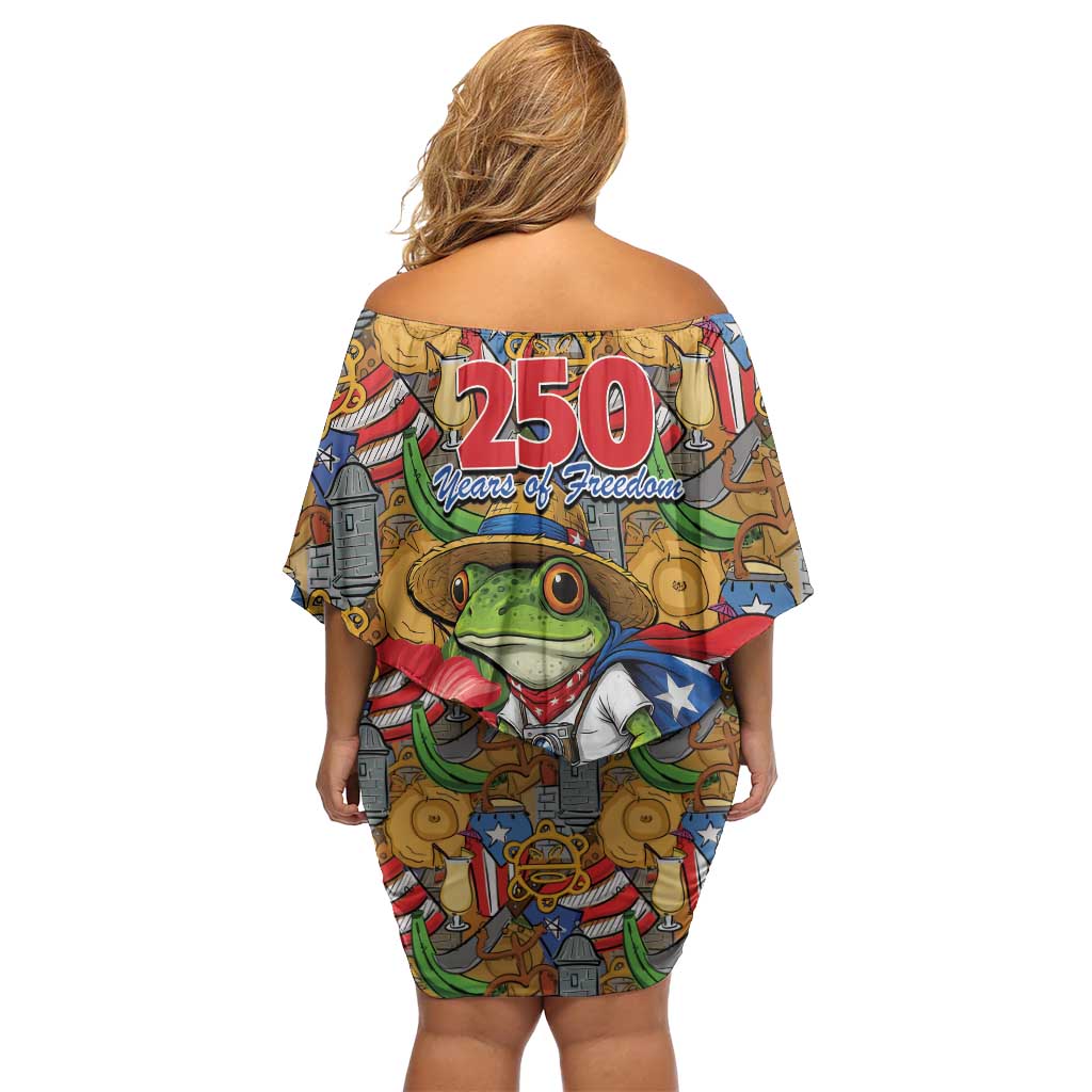 Patriotic Coqui Frog Football Off Shoulder Short Dress 250 Years of Freedom Puerto Rico Flag Stand