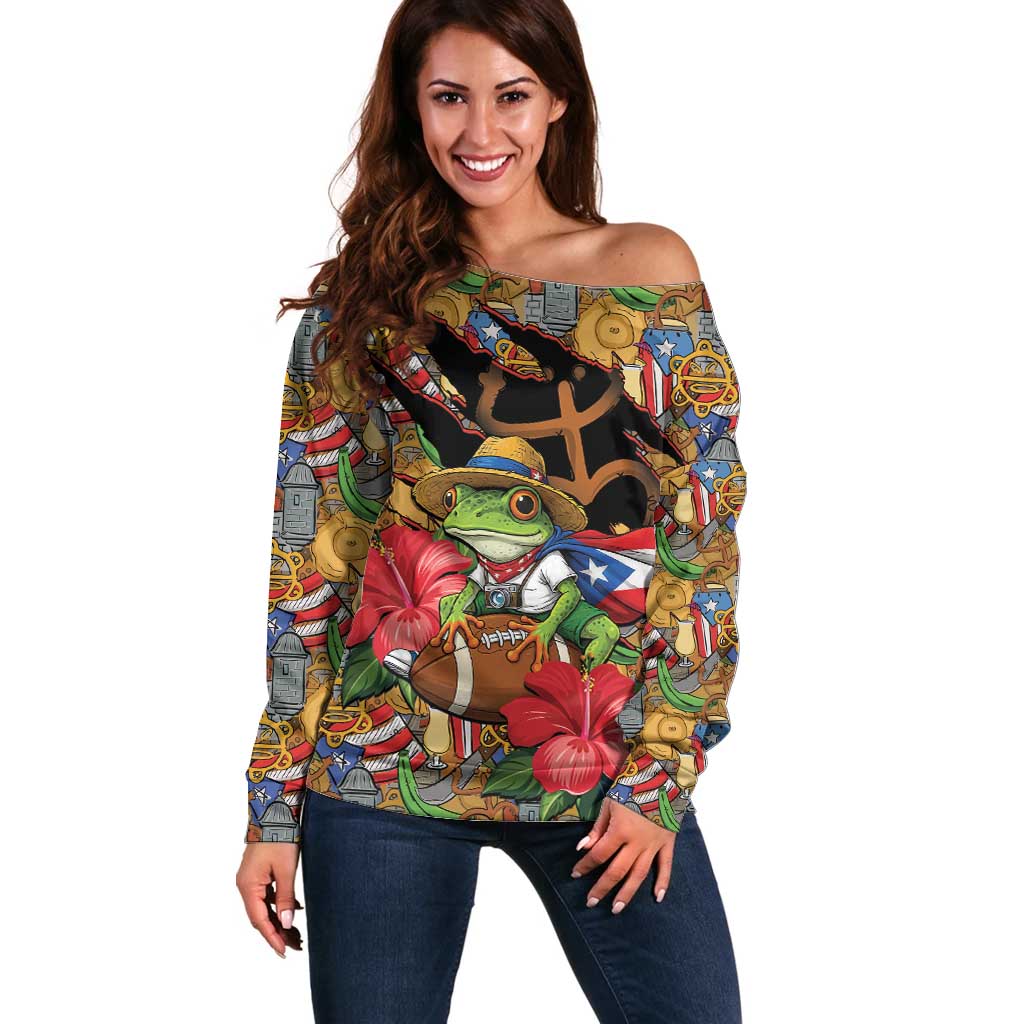Patriotic Coqui Frog Football Off Shoulder Sweater 250 Years of Freedom Puerto Rico Flag Stand