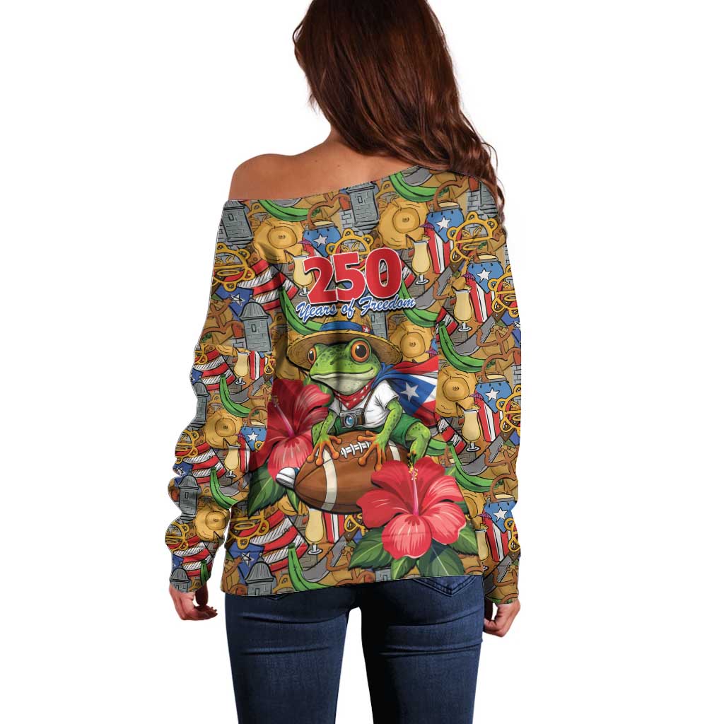 Patriotic Coqui Frog Football Off Shoulder Sweater 250 Years of Freedom Puerto Rico Flag Stand