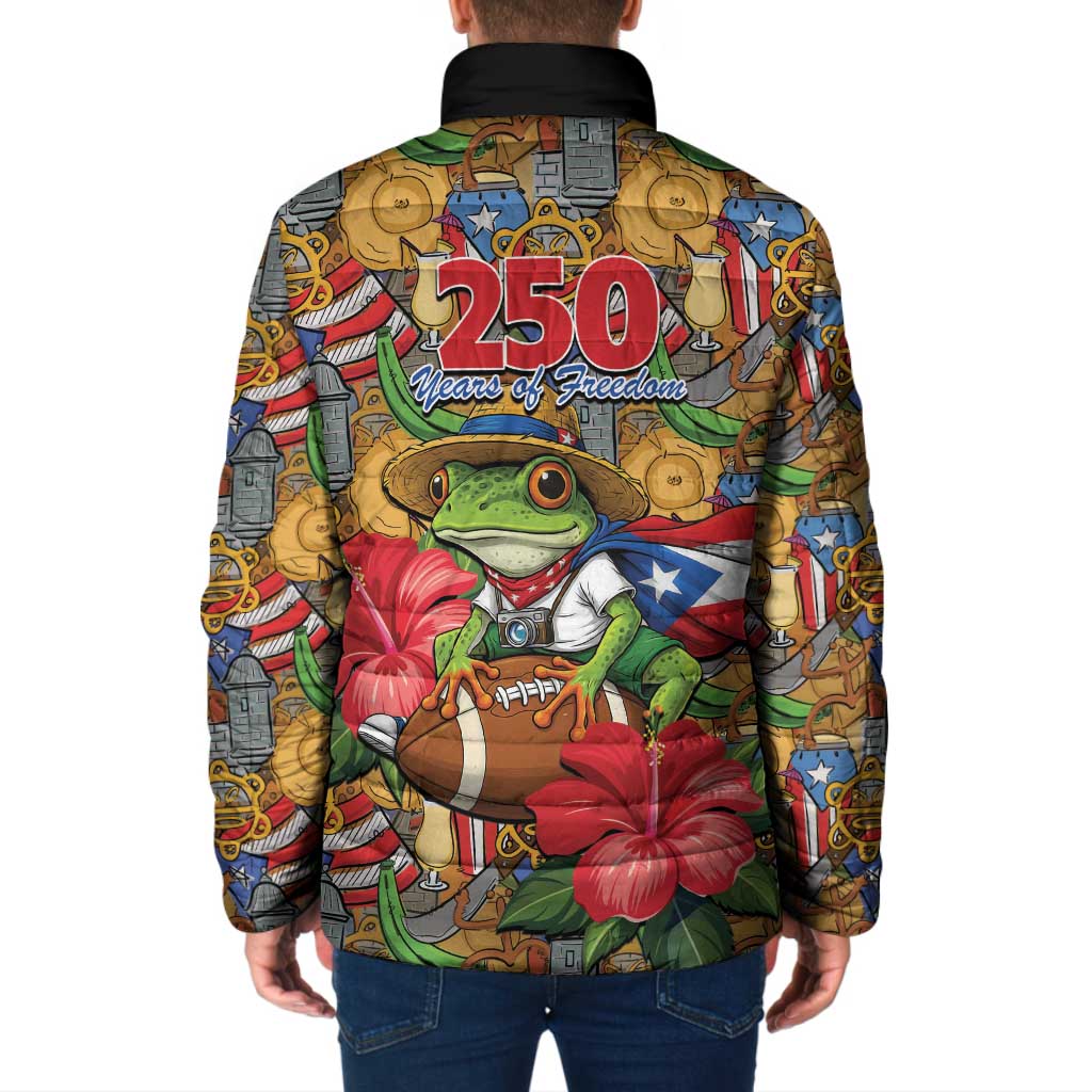Patriotic Coqui Frog Football Padded Jacket 250 Years of Freedom Puerto Rico Flag Stand
