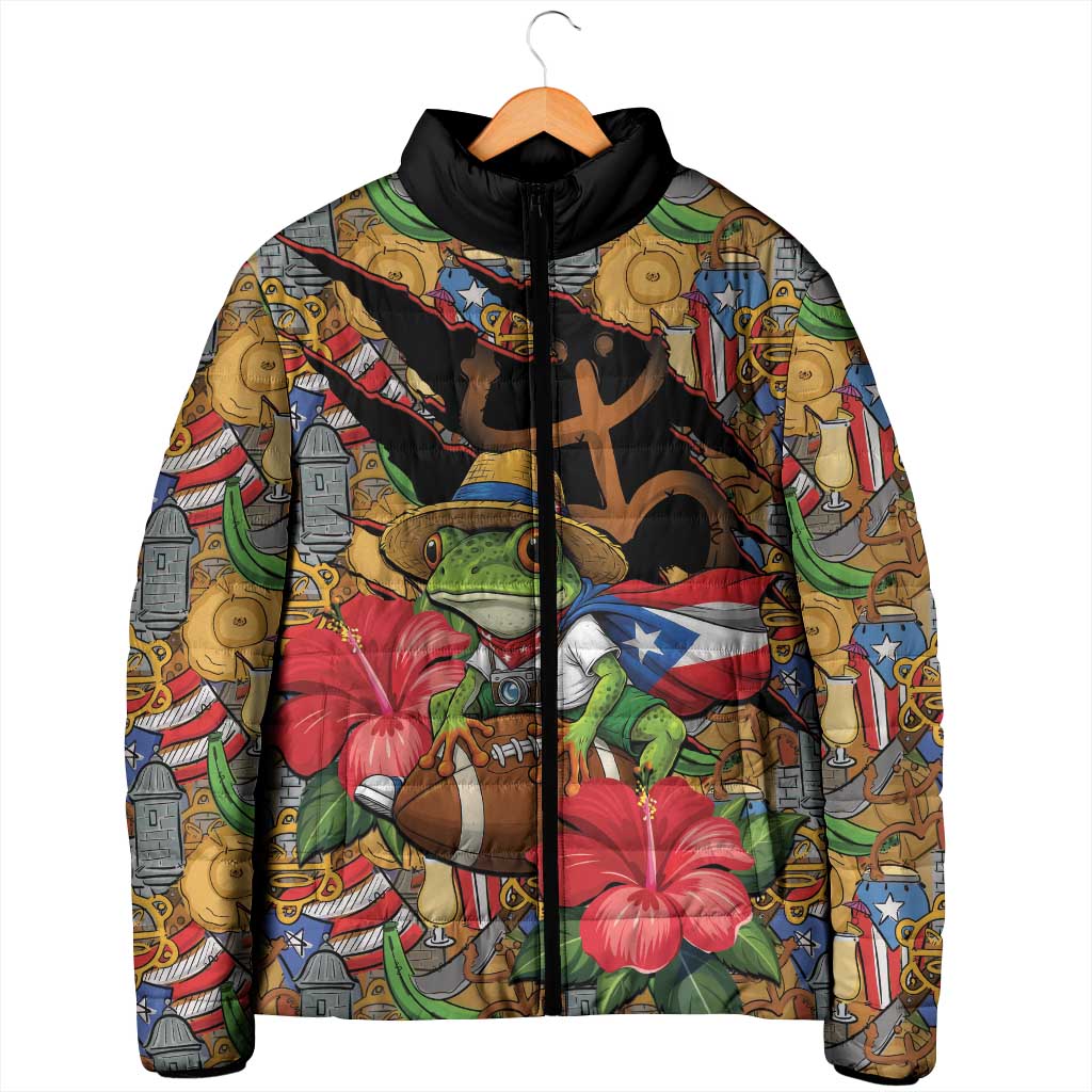 Patriotic Coqui Frog Football Padded Jacket 250 Years of Freedom Puerto Rico Flag Stand