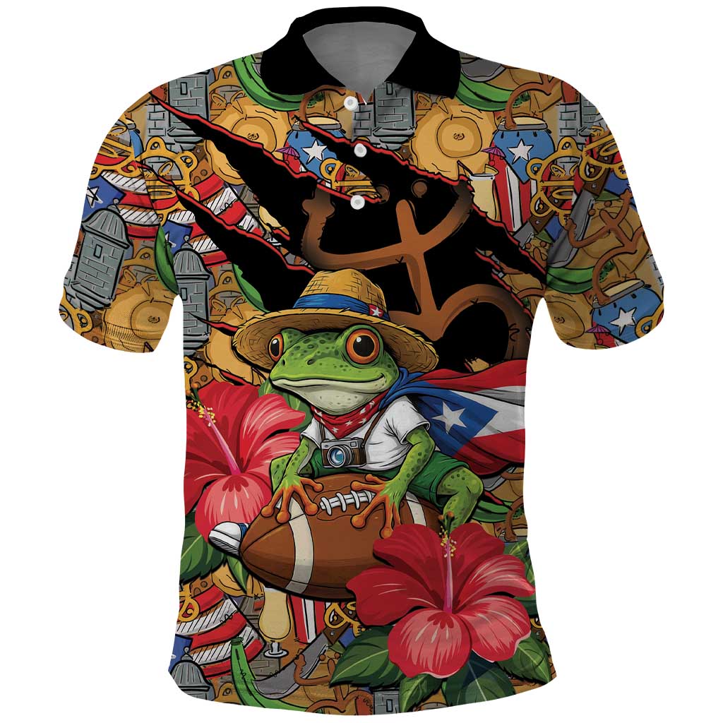 Patriotic Coqui Frog Football Polo Shirt 250 Years of Freedom Puerto Rico Flag Stand