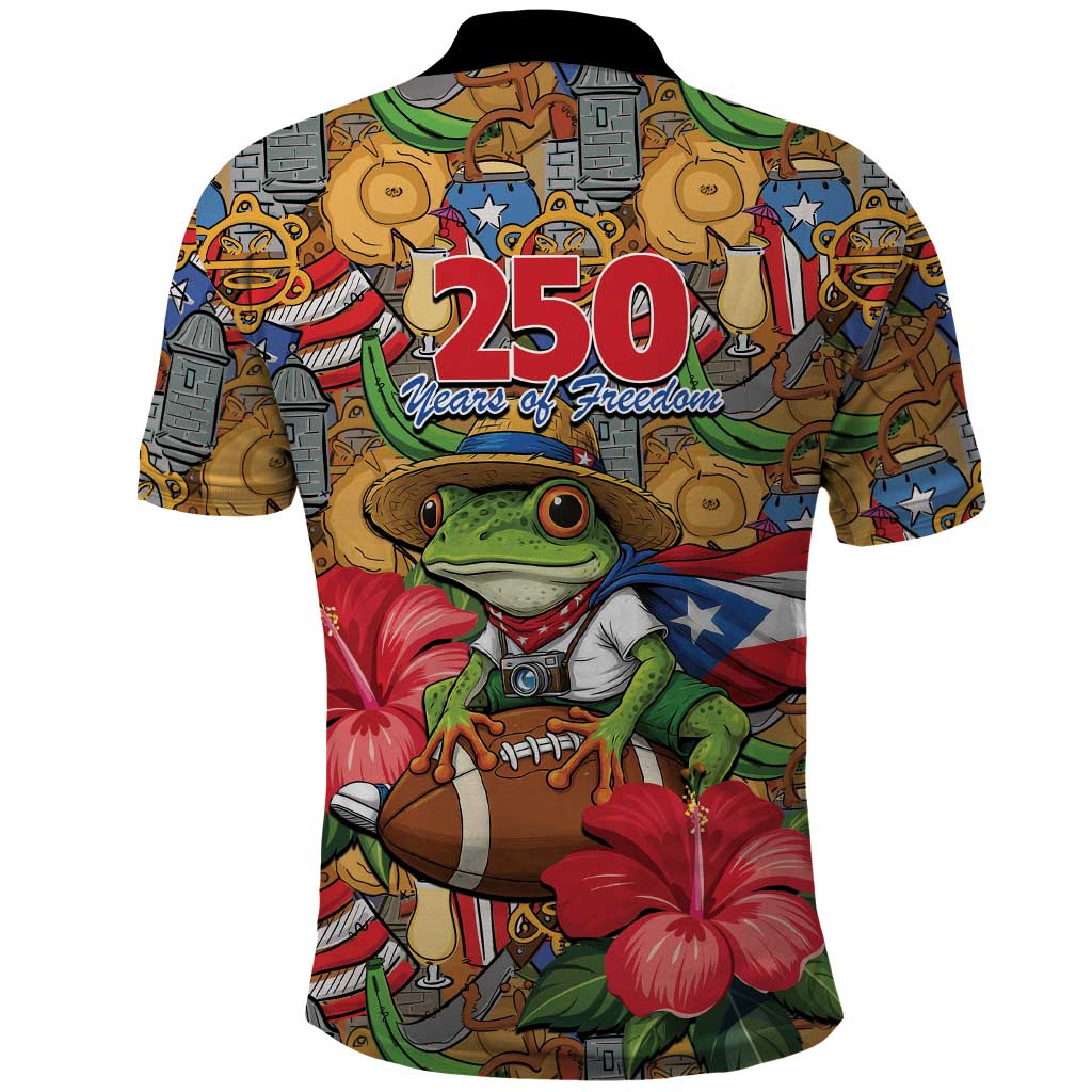 Patriotic Coqui Frog Football Polo Shirt 250 Years of Freedom Puerto Rico Flag Stand