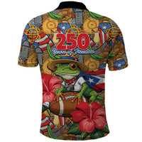 Patriotic Coqui Frog Football Polo Shirt 250 Years of Freedom Puerto Rico Flag Stand