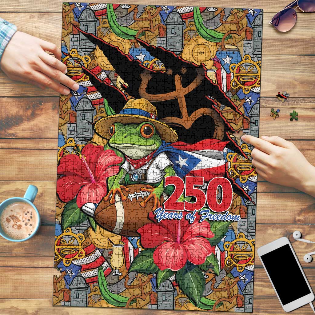 Patriotic Coqui Frog Football Puzzle 250 Years of Freedom Puerto Rico Flag Stand