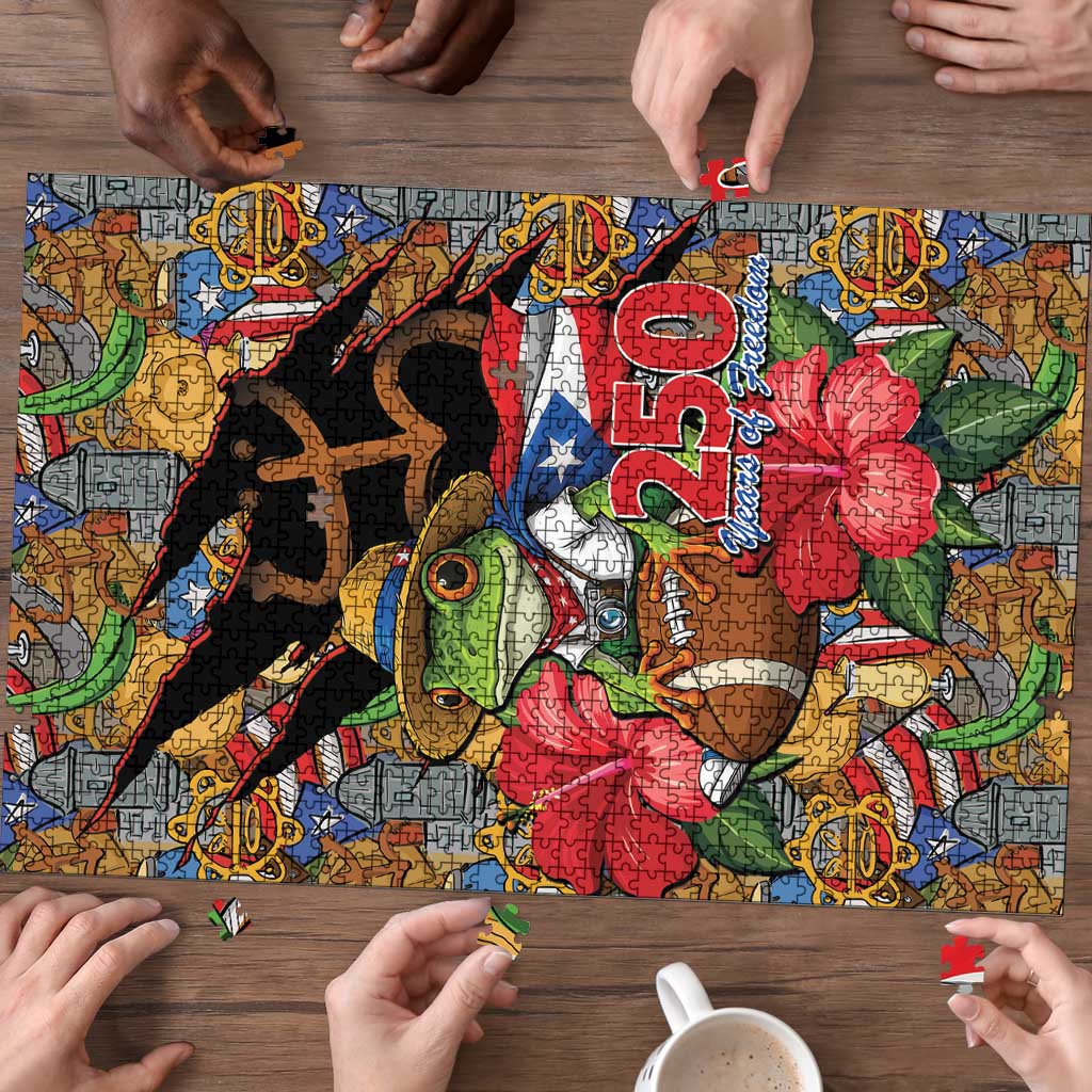 Patriotic Coqui Frog Football Puzzle 250 Years of Freedom Puerto Rico Flag Stand