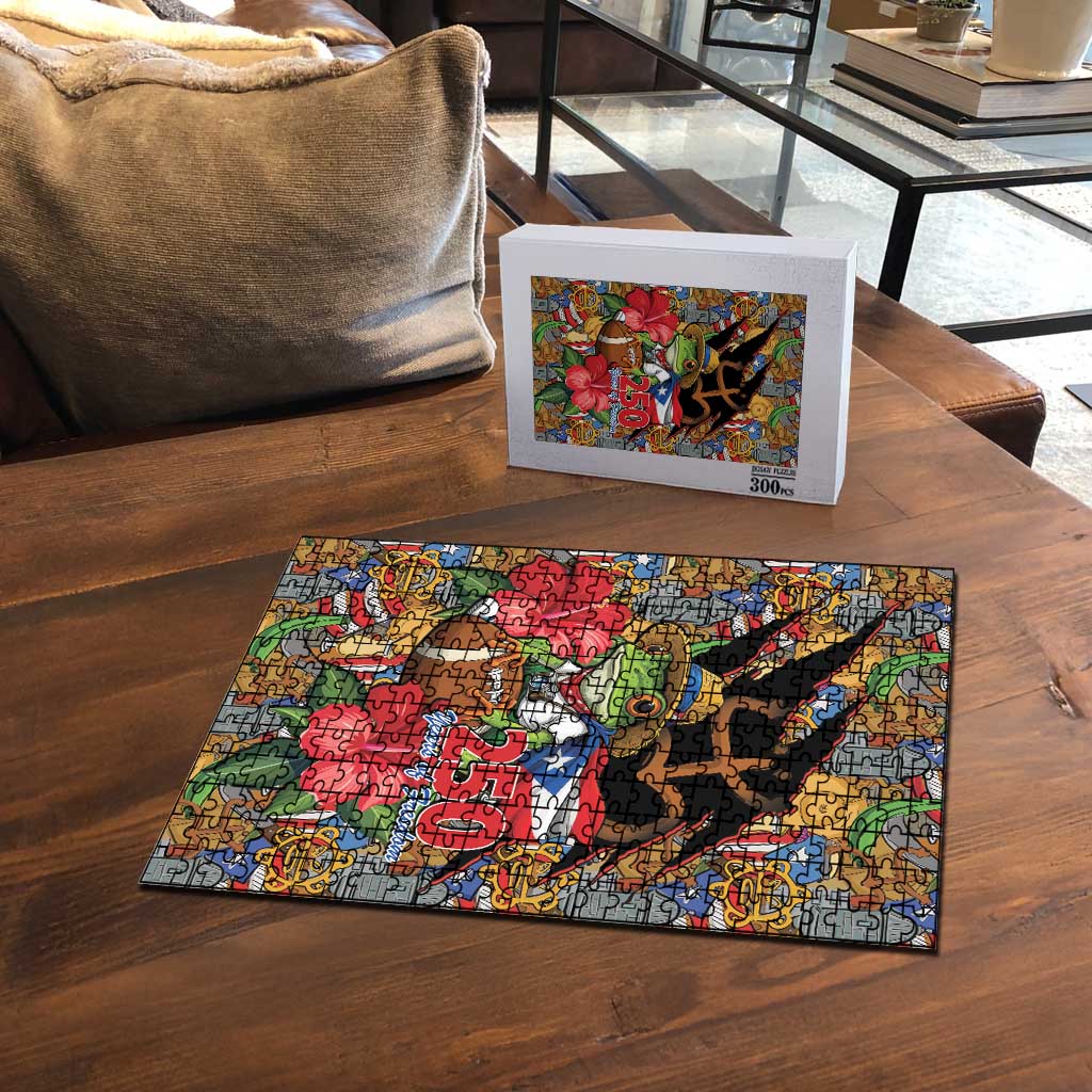 Patriotic Coqui Frog Football Puzzle 250 Years of Freedom Puerto Rico Flag Stand
