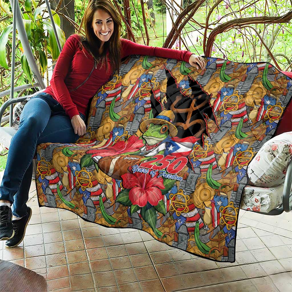 Patriotic Coqui Frog Football Quilt 250 Years of Freedom Puerto Rico Flag Stand