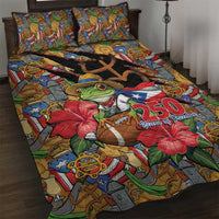 Patriotic Coqui Frog Football Quilt Bed Set 250 Years of Freedom Puerto Rico Flag Stand