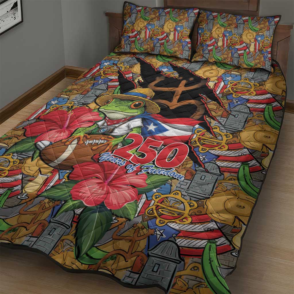 Patriotic Coqui Frog Football Quilt Bed Set 250 Years of Freedom Puerto Rico Flag Stand
