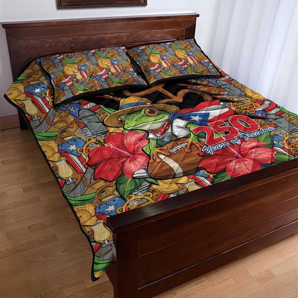 Patriotic Coqui Frog Football Quilt Bed Set 250 Years of Freedom Puerto Rico Flag Stand