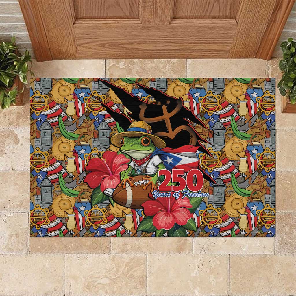 Patriotic Coqui Frog Football Rubber Doormat 250 Years of Freedom Puerto Rico Flag Stand
