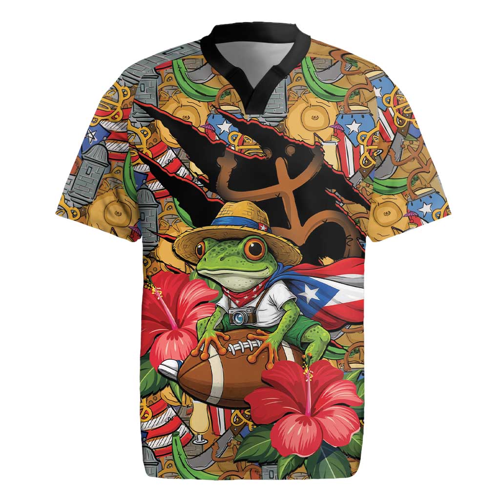 Patriotic Coqui Frog Football Rugby Jersey 250 Years of Freedom Puerto Rico Flag Stand
