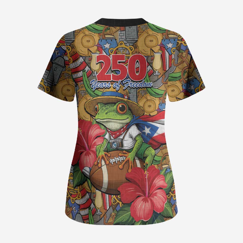 Patriotic Coqui Frog Football Scrub Top 250 Years of Freedom Puerto Rico Flag Stand