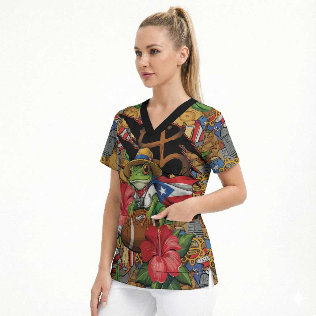 Patriotic Coqui Frog Football Scrub Top 250 Years of Freedom Puerto Rico Flag Stand