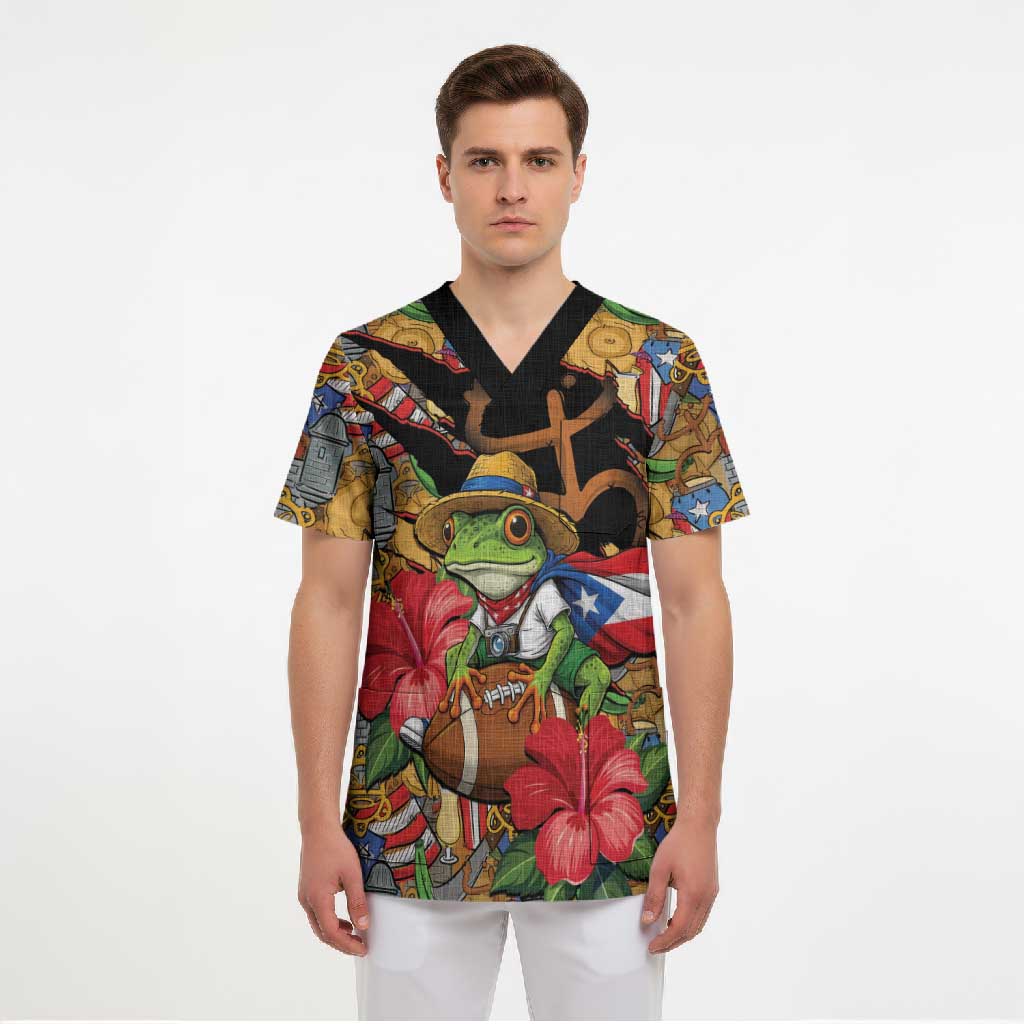 Patriotic Coqui Frog Football Scrub Top 250 Years of Freedom Puerto Rico Flag Stand