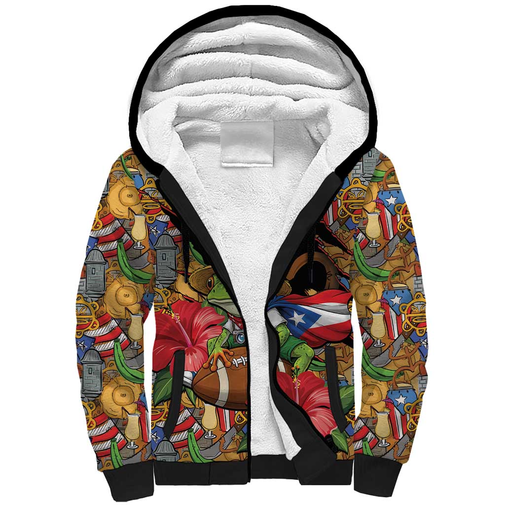 Patriotic Coqui Frog Football Sherpa Hoodie 250 Years of Freedom Puerto Rico Flag Stand