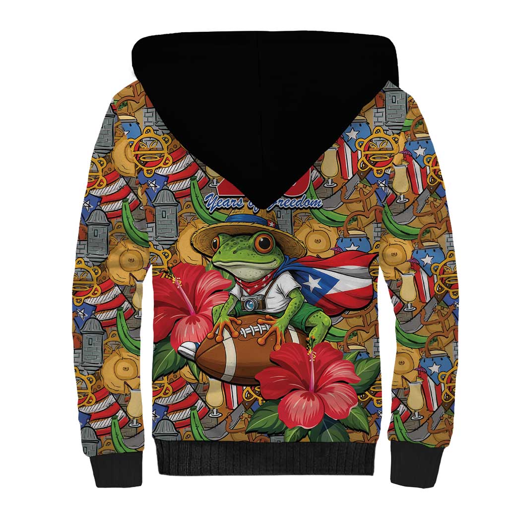 Patriotic Coqui Frog Football Sherpa Hoodie 250 Years of Freedom Puerto Rico Flag Stand