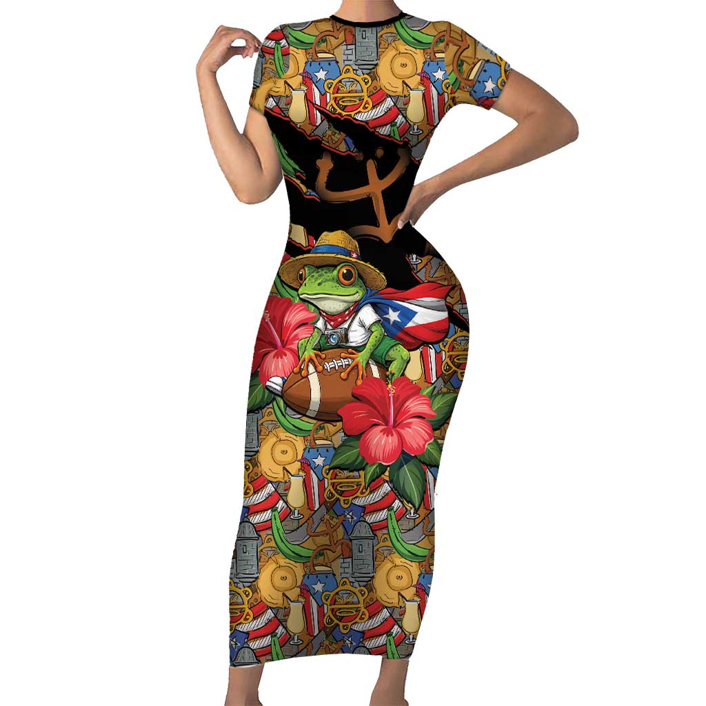 Patriotic Coqui Frog Football Short Sleeve Bodycon Dress 250 Years of Freedom Puerto Rico Flag Stand