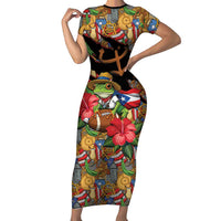 Patriotic Coqui Frog Football Short Sleeve Bodycon Dress 250 Years of Freedom Puerto Rico Flag Stand