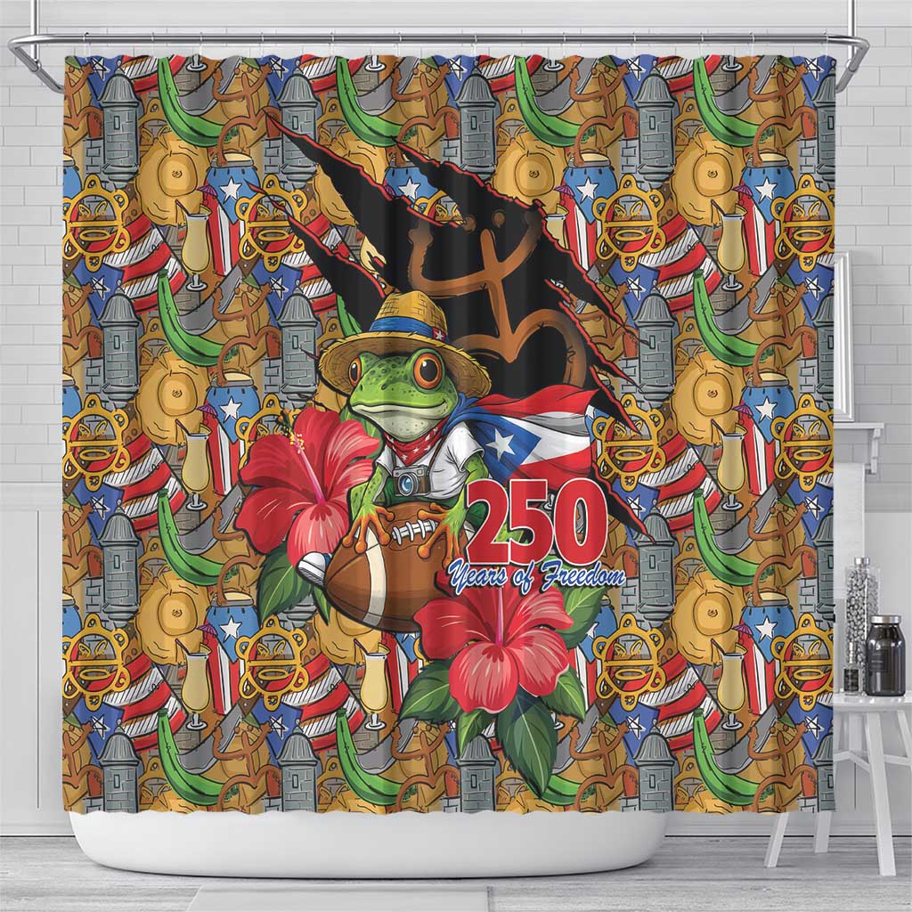 Patriotic Coqui Frog Football Shower Curtain 250 Years of Freedom Puerto Rico Flag Stand