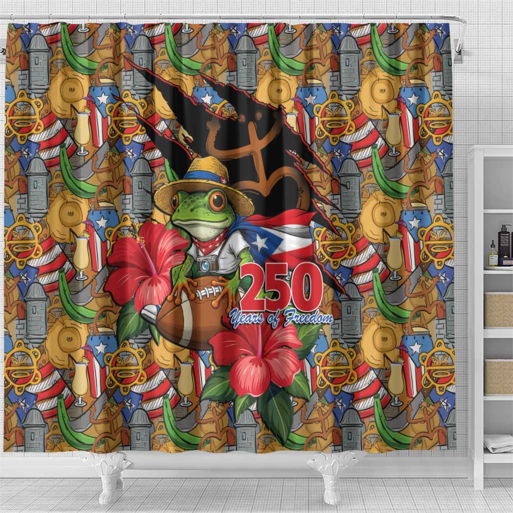 Patriotic Coqui Frog Football Shower Curtain 250 Years of Freedom Puerto Rico Flag Stand