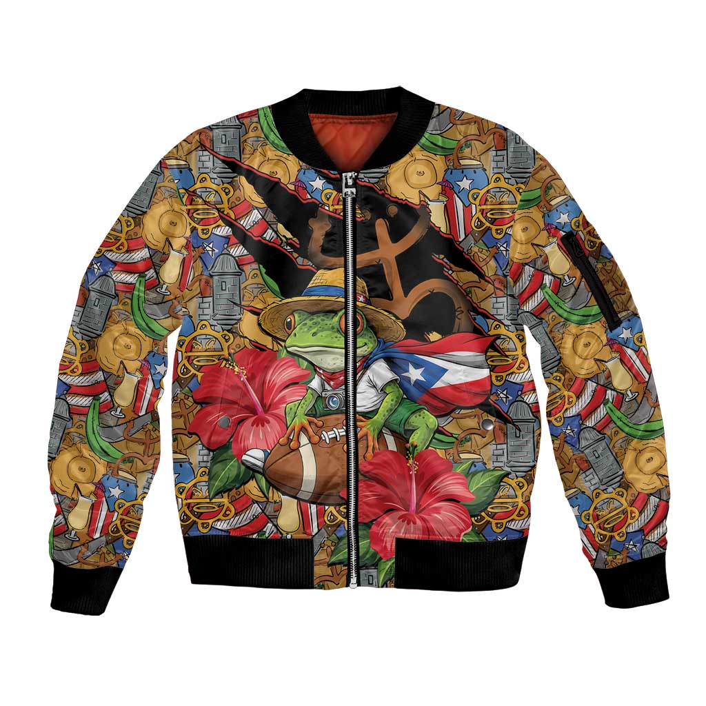 Patriotic Coqui Frog Football Sleeve Zip Bomber Jacket 250 Years of Freedom Puerto Rico Flag Stand