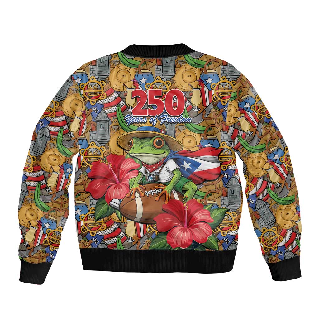 Patriotic Coqui Frog Football Sleeve Zip Bomber Jacket 250 Years of Freedom Puerto Rico Flag Stand