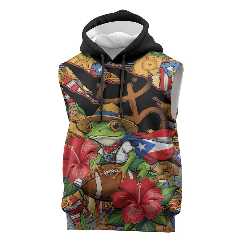 Patriotic Coqui Frog Football Sleeveless Hoodie 250 Years of Freedom Puerto Rico Flag Stand