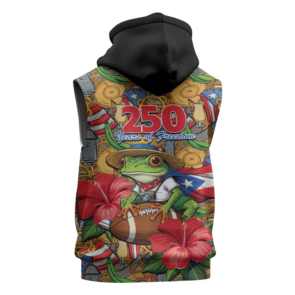 Patriotic Coqui Frog Football Sleeveless Hoodie 250 Years of Freedom Puerto Rico Flag Stand