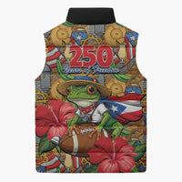 Patriotic Coqui Frog Football Sleeveless Puffer Jacket 250 Years of Freedom Puerto Rico Flag Stand