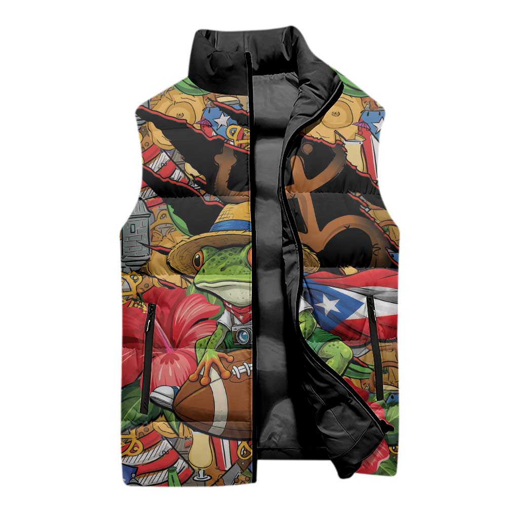 Patriotic Coqui Frog Football Sleeveless Puffer Jacket 250 Years of Freedom Puerto Rico Flag Stand