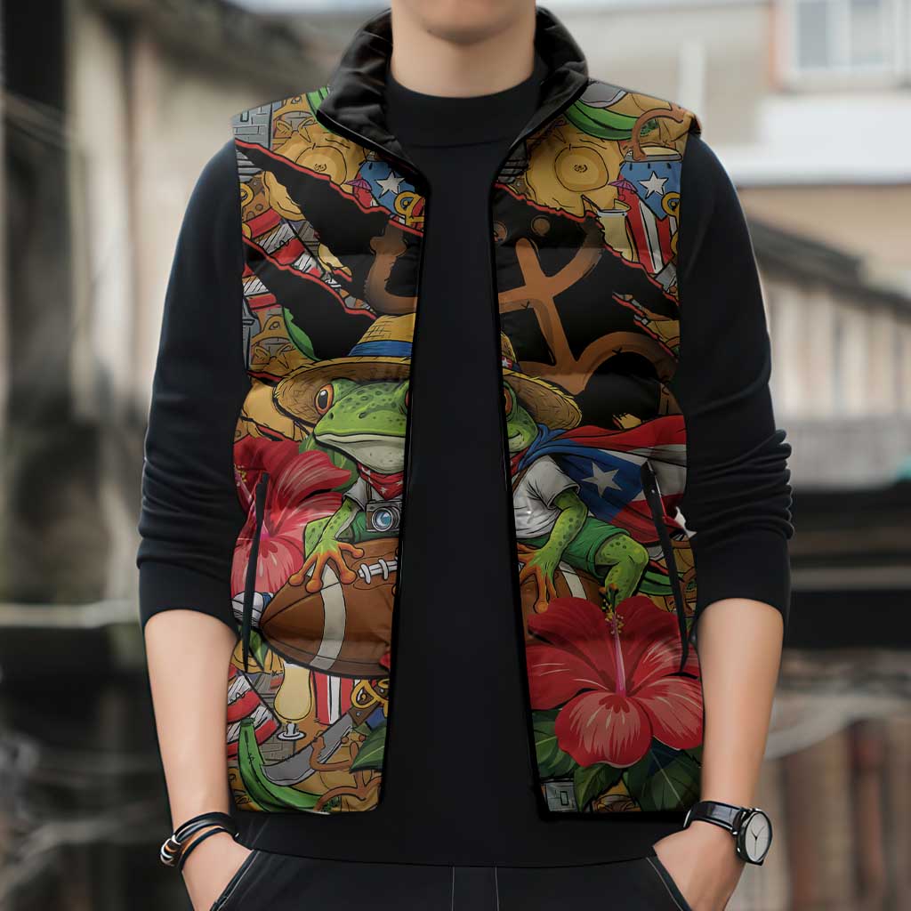 Patriotic Coqui Frog Football Sleeveless Puffer Jacket 250 Years of Freedom Puerto Rico Flag Stand