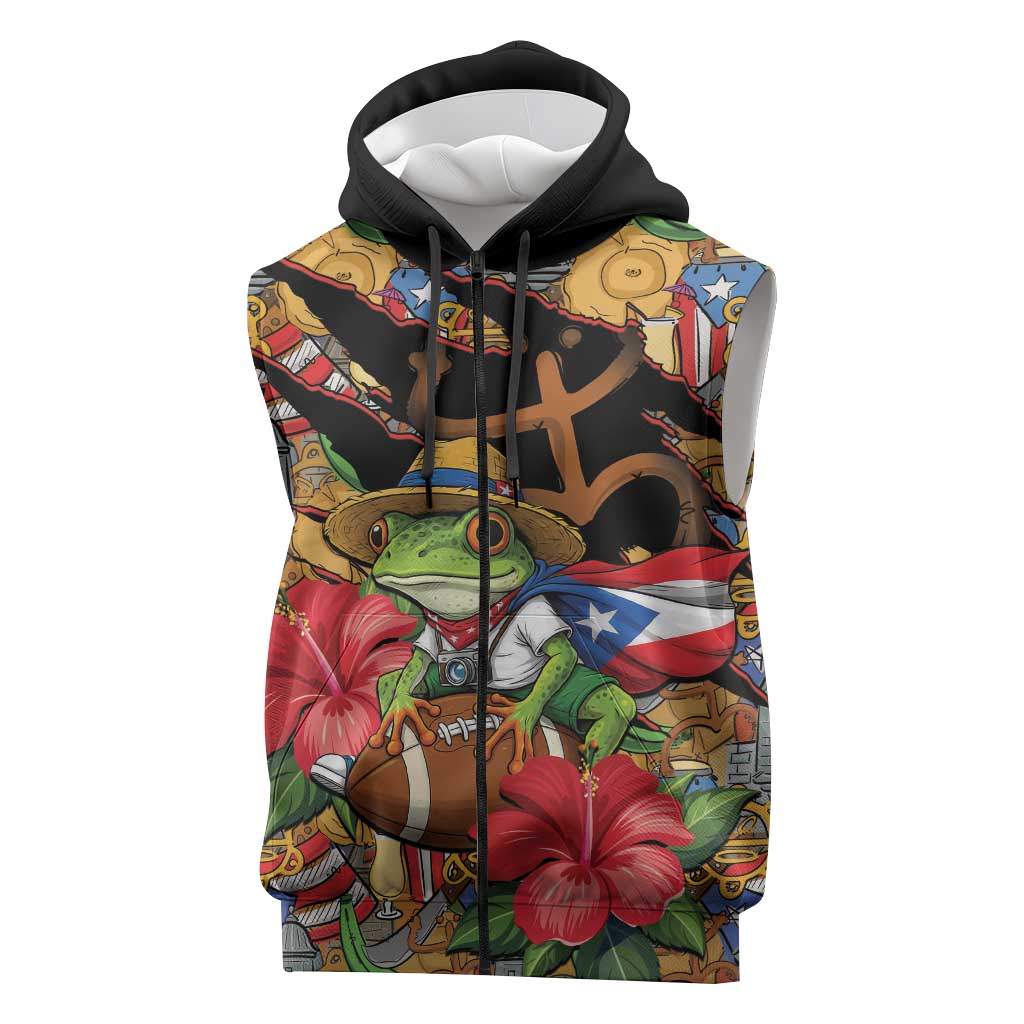 Patriotic Coqui Frog Football Sleeveless Zip Hoodie 250 Years of Freedom Puerto Rico Flag Stand