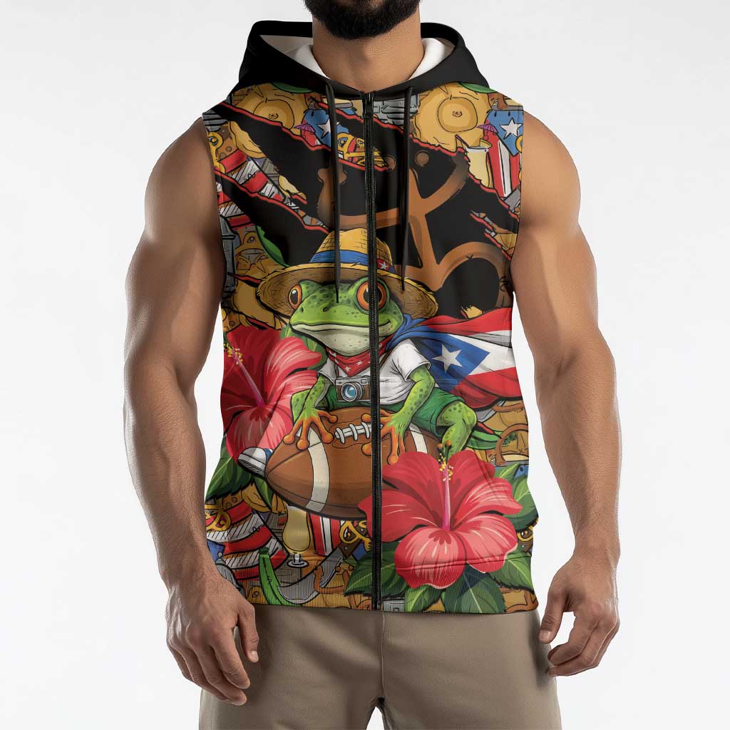 Patriotic Coqui Frog Football Sleeveless Zip Hoodie 250 Years of Freedom Puerto Rico Flag Stand