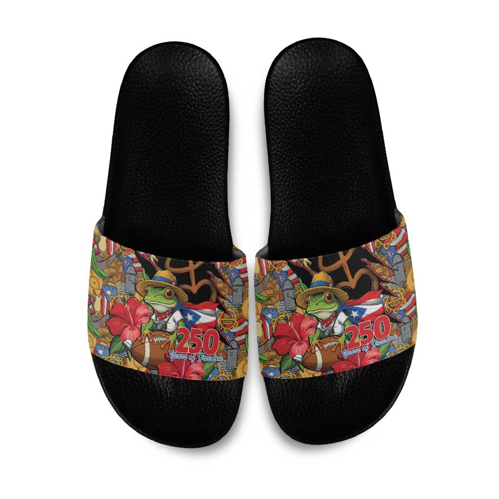 Patriotic Coqui Frog Football Slide Sandals 250 Years of Freedom Puerto Rico Flag Stand