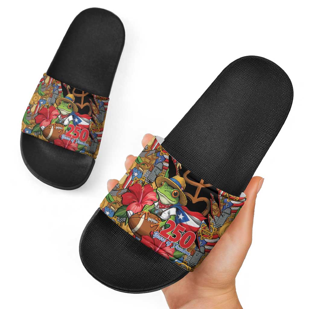 Patriotic Coqui Frog Football Slide Sandals 250 Years of Freedom Puerto Rico Flag Stand