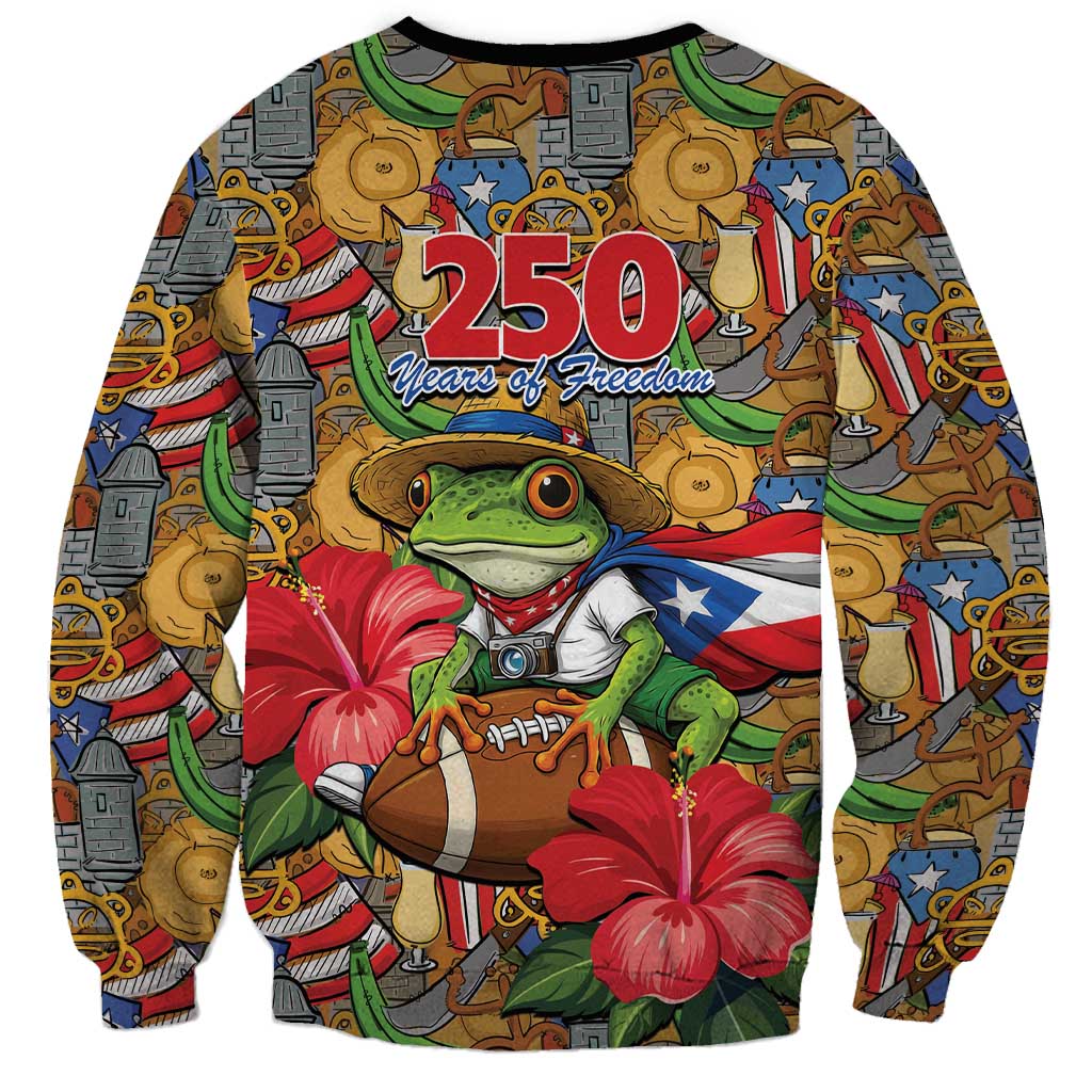 Patriotic Coqui Frog Football Sweatshirt 250 Years of Freedom Puerto Rico Flag Stand