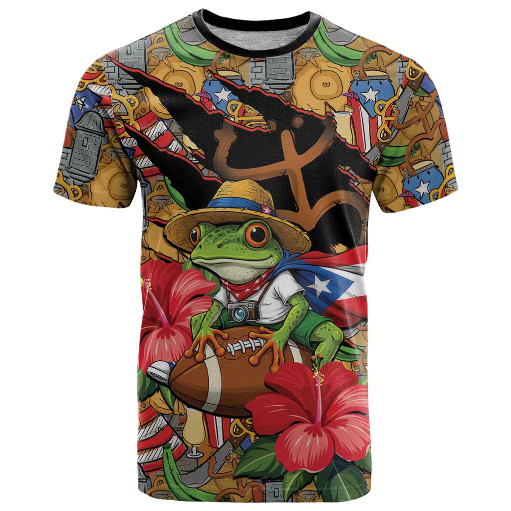Patriotic Coqui Frog Football T Shirt 250 Years of Freedom Puerto Rico Flag Stand