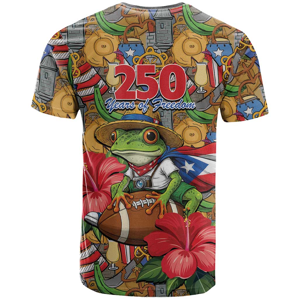 Patriotic Coqui Frog Football T Shirt 250 Years of Freedom Puerto Rico Flag Stand
