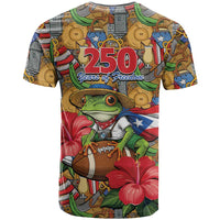 Patriotic Coqui Frog Football T Shirt 250 Years of Freedom Puerto Rico Flag Stand