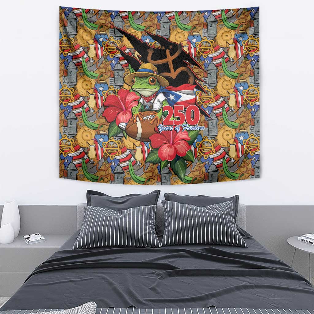 Patriotic Coqui Frog Football Tapestry 250 Years of Freedom Puerto Rico Flag Stand