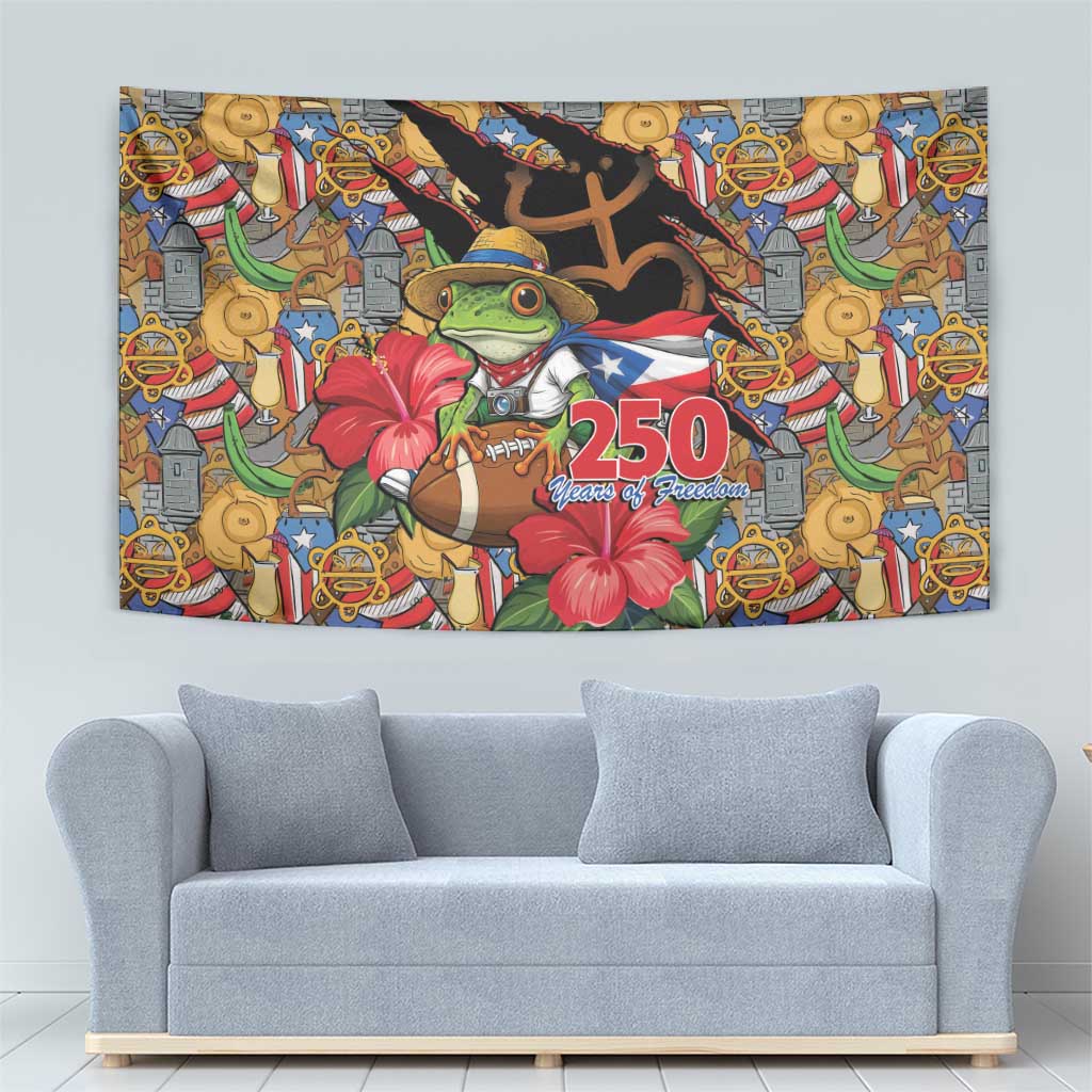 Patriotic Coqui Frog Football Tapestry 250 Years of Freedom Puerto Rico Flag Stand
