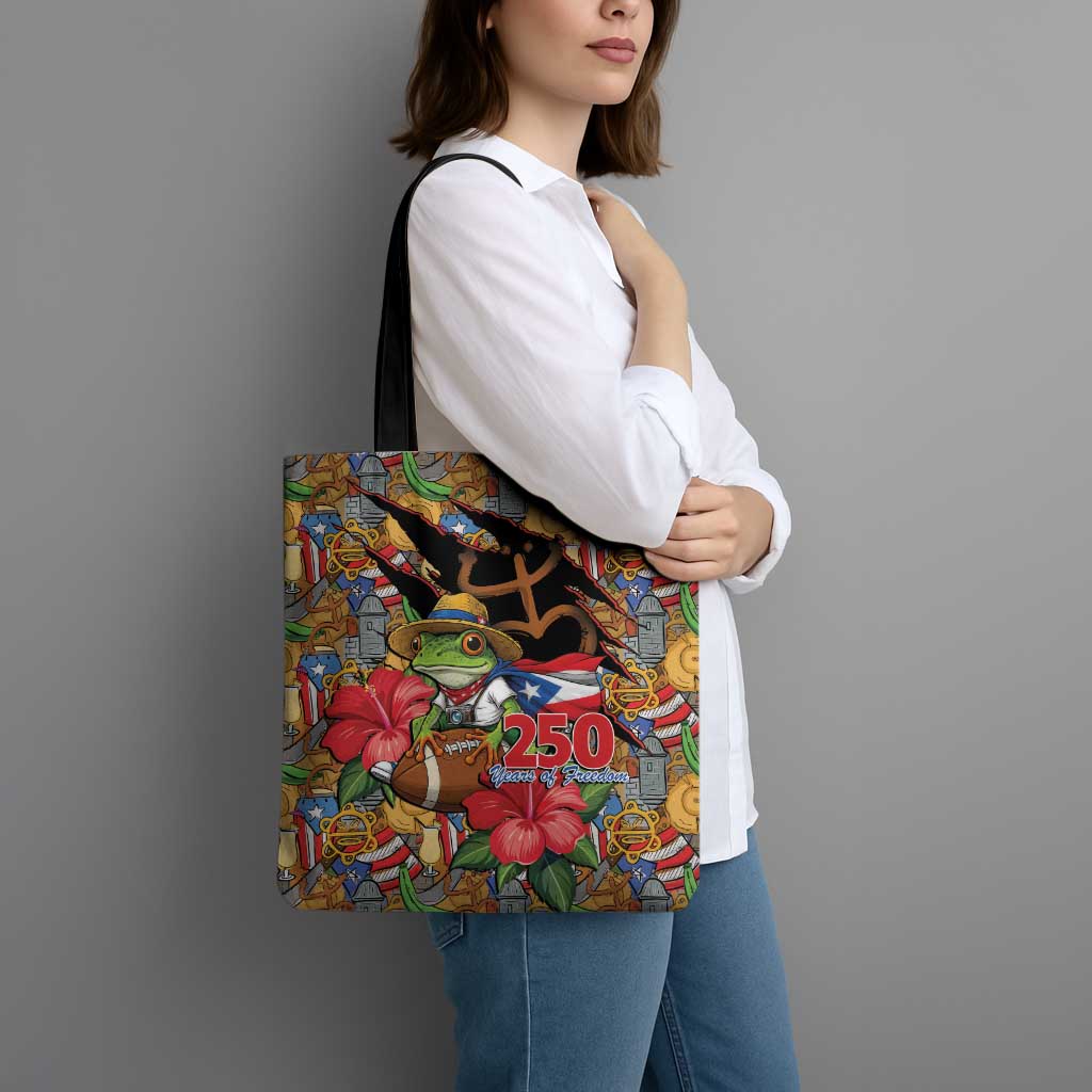 Patriotic Coqui Frog Football Tote Bag 250 Years of Freedom Puerto Rico Flag Stand