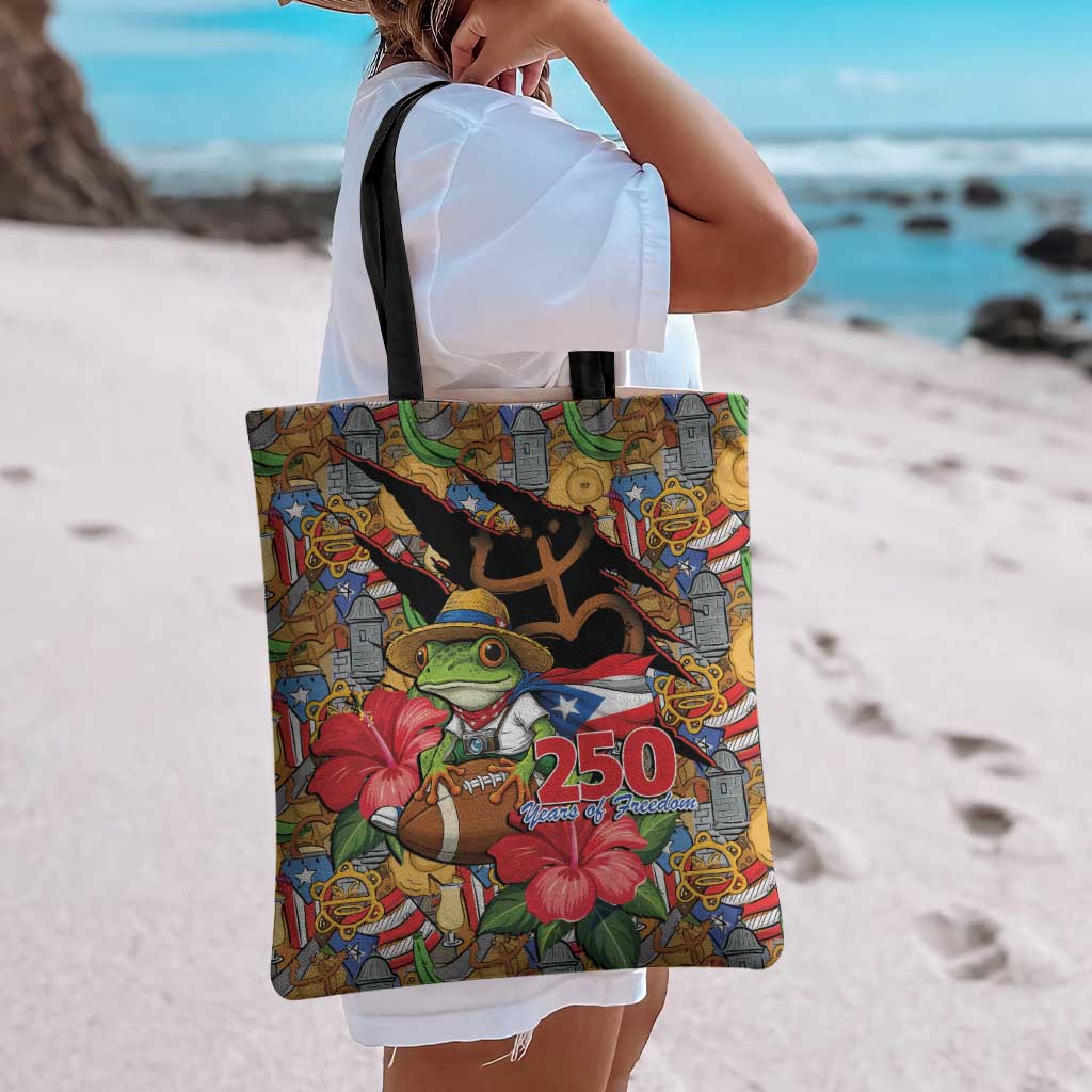 Patriotic Coqui Frog Football Tote Bag 250 Years of Freedom Puerto Rico Flag Stand