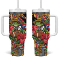 Patriotic Coqui Frog Football Tumbler With Handle 250 Years of Freedom Puerto Rico Flag Stand