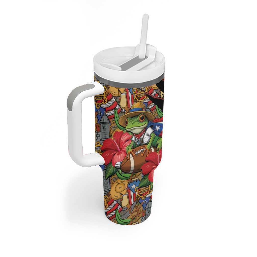 Patriotic Coqui Frog Football Tumbler With Handle 250 Years of Freedom Puerto Rico Flag Stand