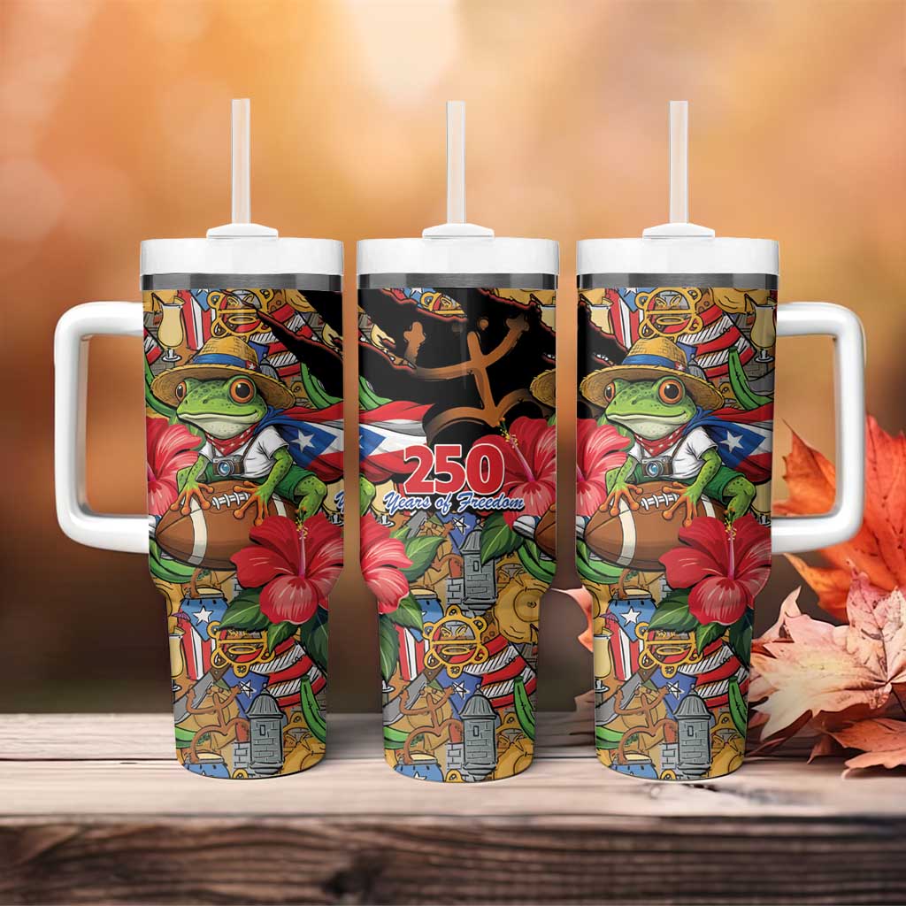 Patriotic Coqui Frog Football Tumbler With Handle 250 Years of Freedom Puerto Rico Flag Stand
