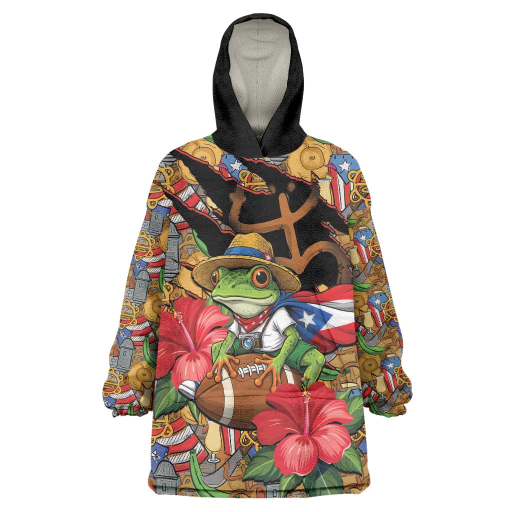 Patriotic Coqui Frog Football Wearable Blanket Hoodie 250 Years of Freedom Puerto Rico Flag Stand
